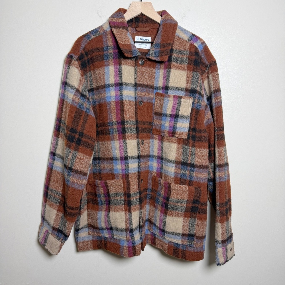 Old Navy Mens Wool Blend Chore Jacket XXL Brown Plaid Button Front Shacket